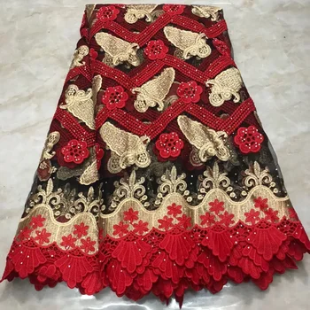 

2020 Christmas party new elegant women's dress Red with gold embroidery African Nigeria Tulle With Stone Lace French Lace Fabric
