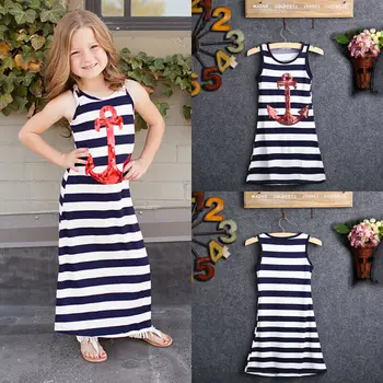 

Navy Blue Kids Girls Red Sequins Anchor Maxi Stripes Dress
