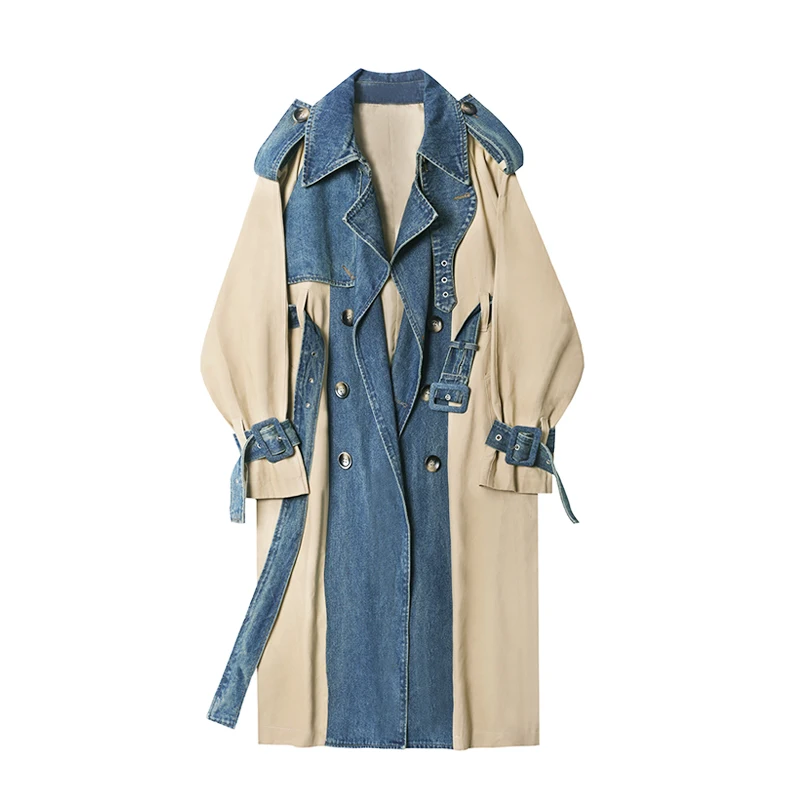 Fashion Denim Patchwork Trench Coat 