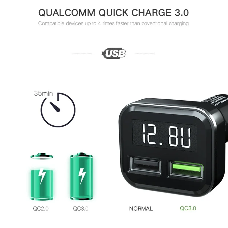 Быстрое зарядное устройство QC3.0 с двумя портами usb для автомобиля, измерение напряжения, адаптер для быстрой зарядки