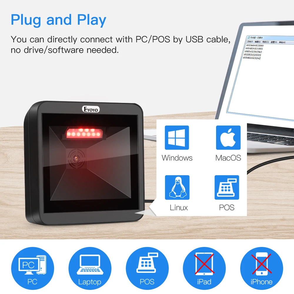 Eyoyo 2D Настольный сканер штрих кодов Всенаправленный беспроводной проводной USB
