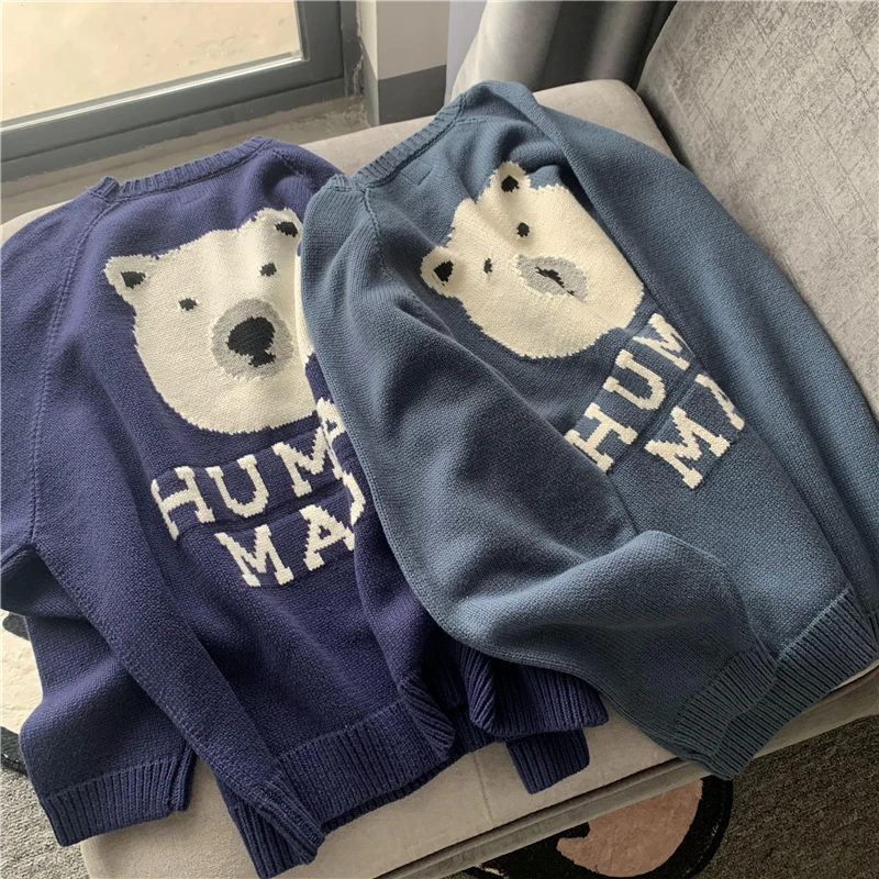 Human Made Sweater Men Women 1:1 Best Quality Cartoon Polar Bear Pattern Knit Sweatshirts Human Made Crewneck cardigan male