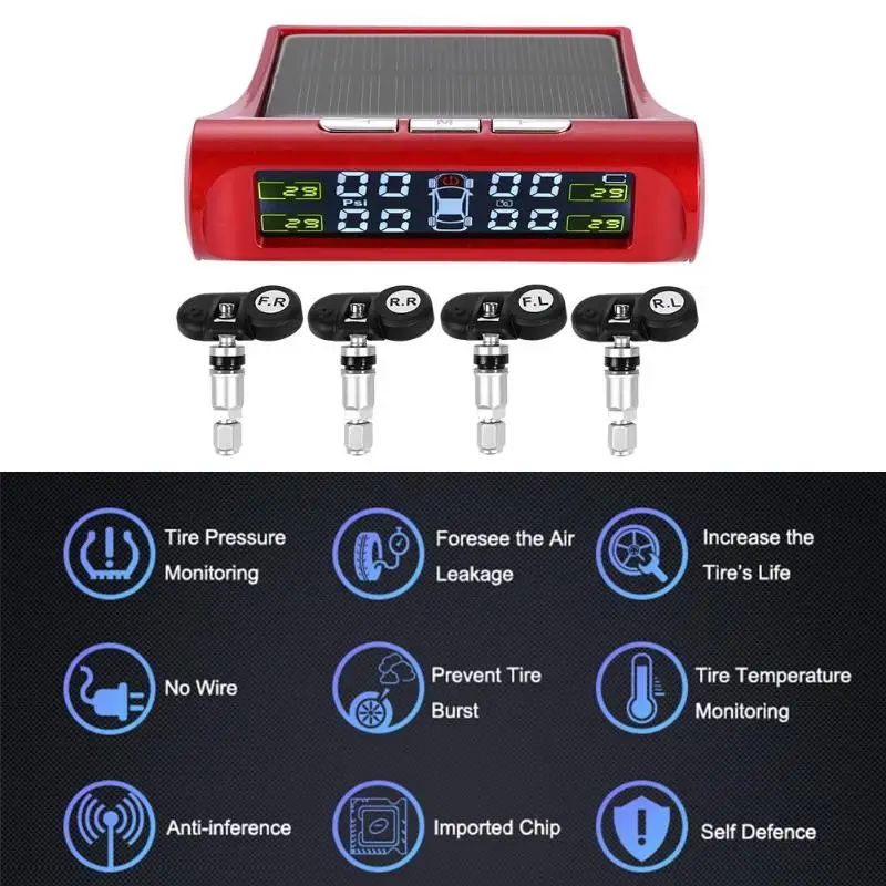 Беспроводная Солнечная lcd Автомобильная система контроля давления в шинах с 4 внутренними/внешними датчиками давления в шинах красного цвета
