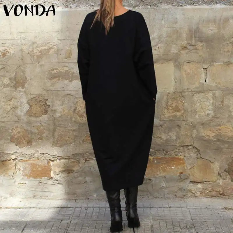 Skup VONDA kobiety jesień długa sukienka moda wokół szyi z długim rękawem koszula sukienka 5XL Vestidos szlafrok plus size Femme tuniki damskie