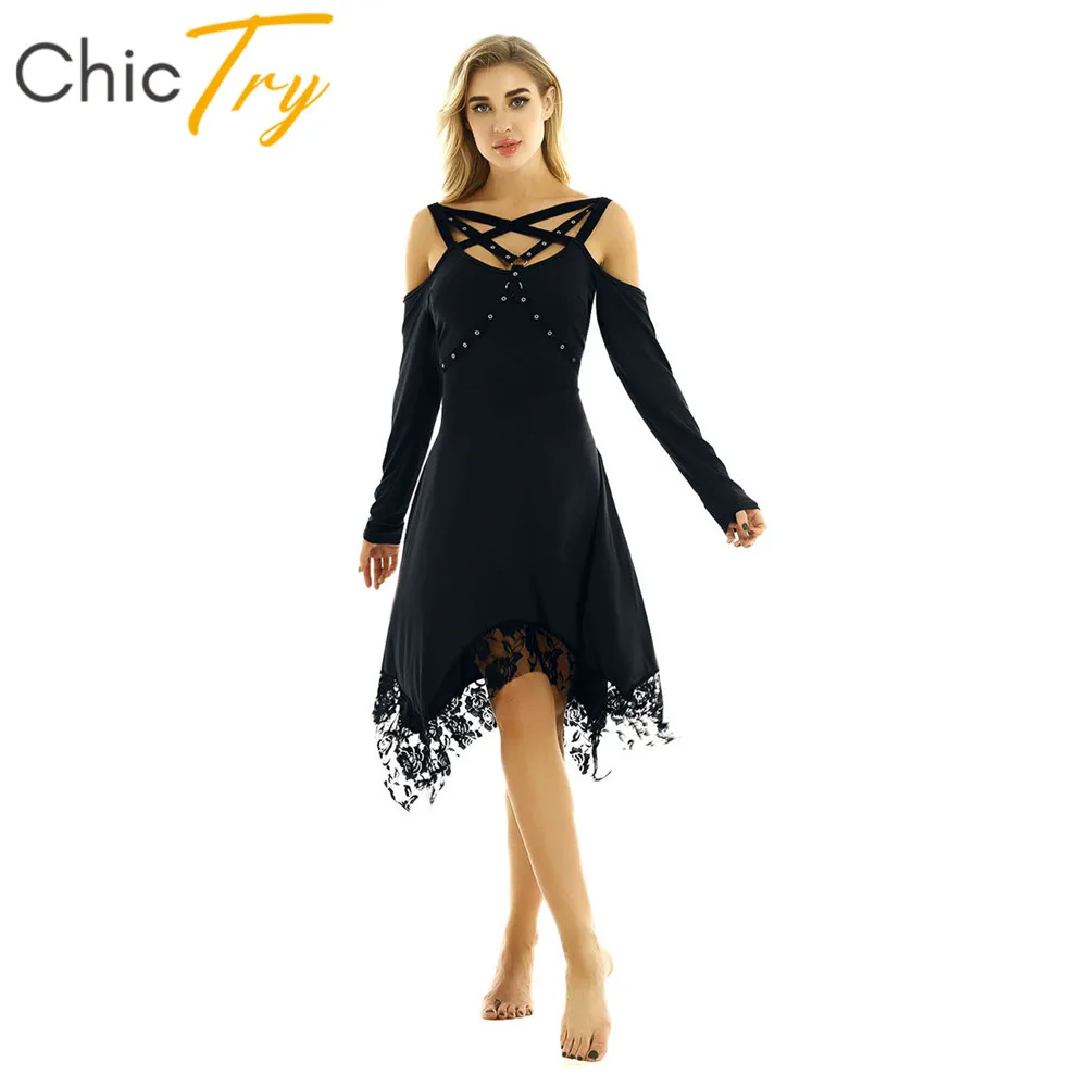 ChicTry Women Long Sleeves Off the Shoulder Irregular Lace Hem Vintage Gothic Ballroom Party Performance Solid Color Dance Dress |