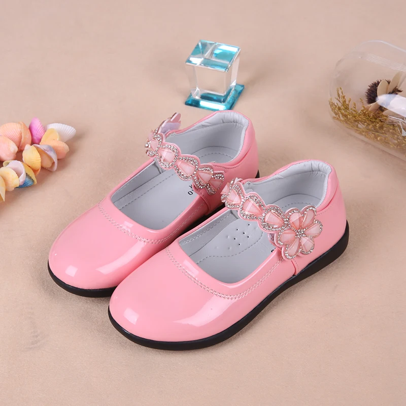 Girls Leather Shoes Princess Rhinestone Flower Pu Leather Flat Sneakers Spring Solid Color Kids Girls Student Shoes STQ002
