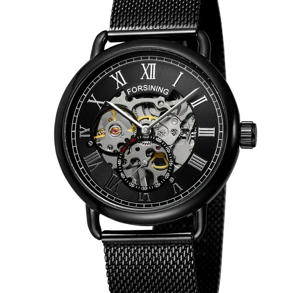 

Forsining Trendy fashion classic black Roman numerals hollow dial casual men's alloy mechanical watch