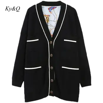

Runway 2020 Spring Brand Design Women Contrast Striped Loose Black Knit Long Cardigan Single Brested Sweater Clothes Outwear New