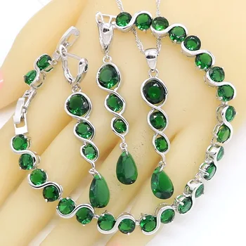 

Green Emerald 925 Silver Bridal Jewelry Sets For Women Bracelet Earrings Necklace Pendant Ring Birthday Gift