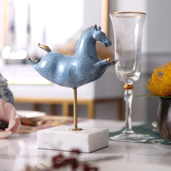 

Luxurious Running Blue Copper Horse Sculpture White Marble Base Statue Animal Home Decoration Accessories Living Room Crafts