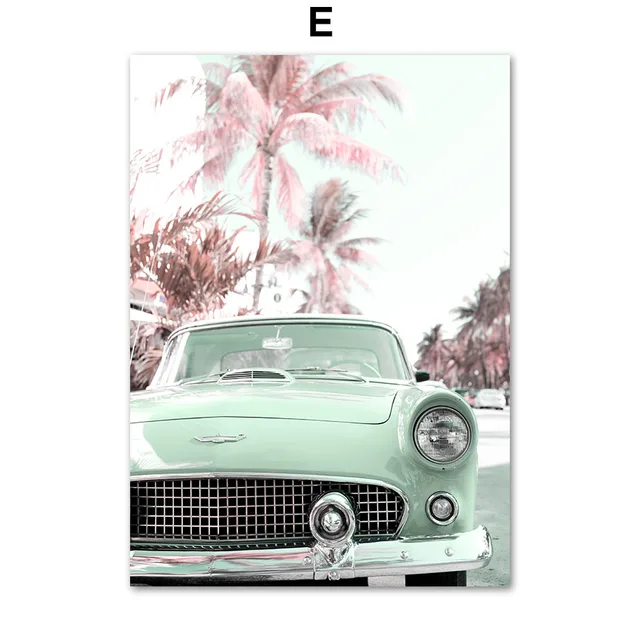 Pink Beach Sea Waves Flamingo Flower Car Wall Art Canvas Painting Nordic Posters And Prints Wall Pictures For Living Room Decor E