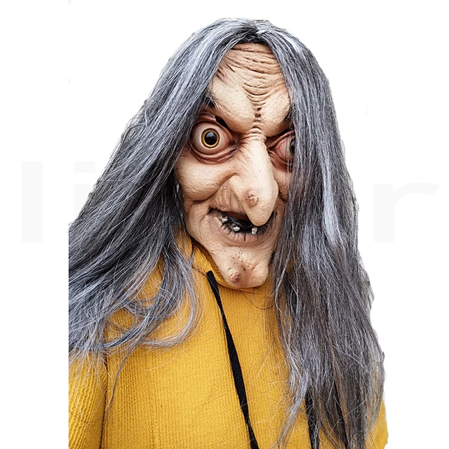 Máscara de bruxa velha feia adulta, adereços assustadores, látex com  cabelo, traje de festa de Halloween para mulheres