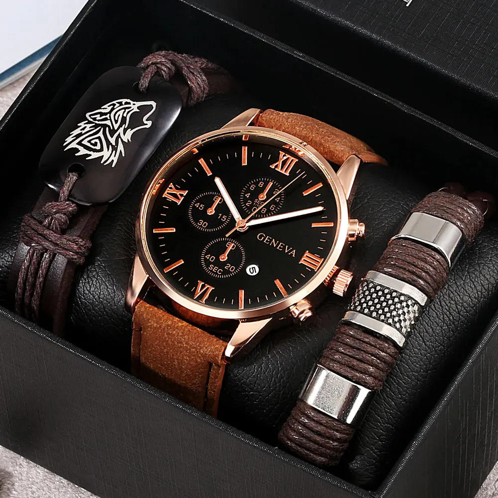 Practical Birthday Gifts for Boys Men's Leather Quartz Watch Roman Numeral Dial with Calendar Man Brown Wolf Head Bracelets Set