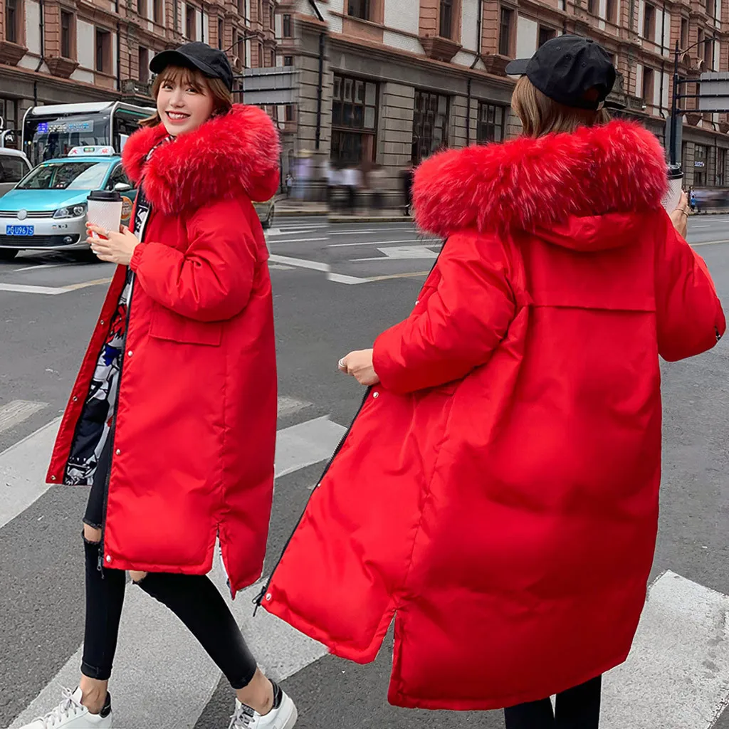 Зимняя женская куртка, двухсторонняя, новинка, зимняя куртка для женщин, с капюшоном, утолщенная, меховая парка, женское теплое длинное пальто, верхняя одежда#1022 - Цвет: RD