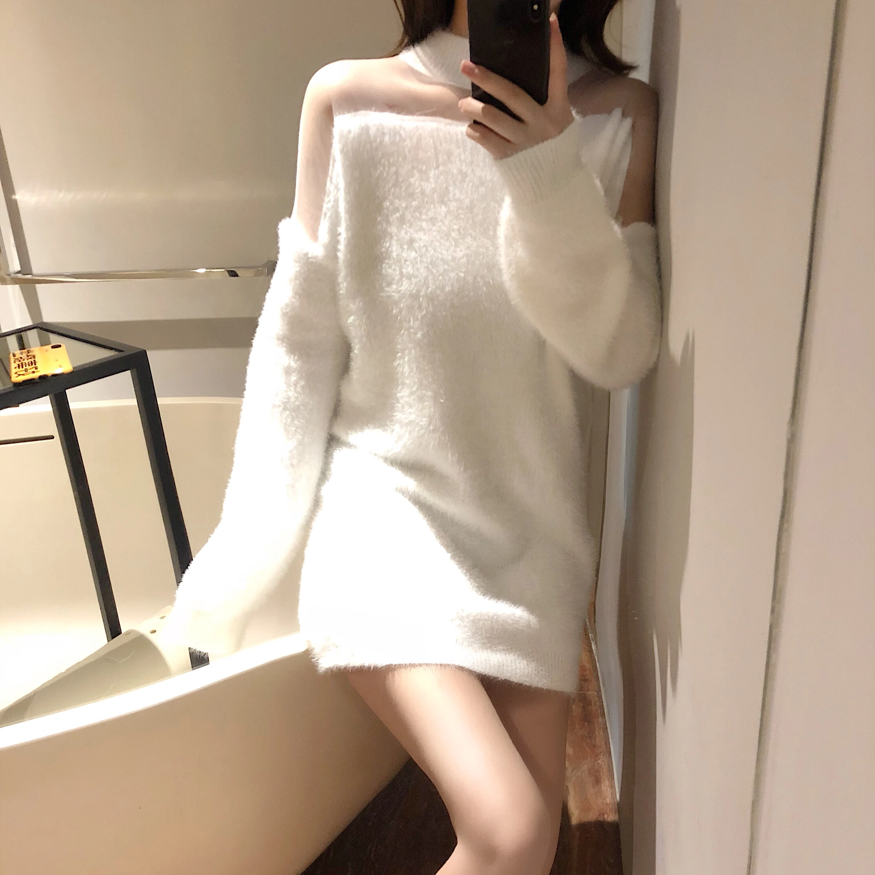 Women Dress Chic Vestido Bionic Fur Splicing Gauze Solid Color Black White Elegant Korean Fashion Outwear Winter Warm Dresse C29 | Женская
