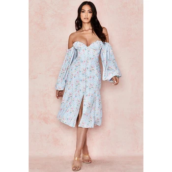 

Women's Fall 2020 New Dress Fashion Print Floral Puff Sleeve Button Slim Body Wrap Dress Sexy and Calf Split Dress