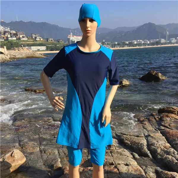 Мусульманский купальник леди закрытый купальный костюм полное покрытие пляжные юбки mAh с короткими рукавами одежда для плавания - Цвет: Синий