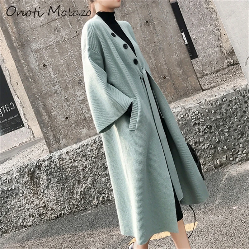 Onoti kimino cardigan buttons lantern sleeve pockets open stitch knitted sweater office ladies casual autumn winter outfit 2020