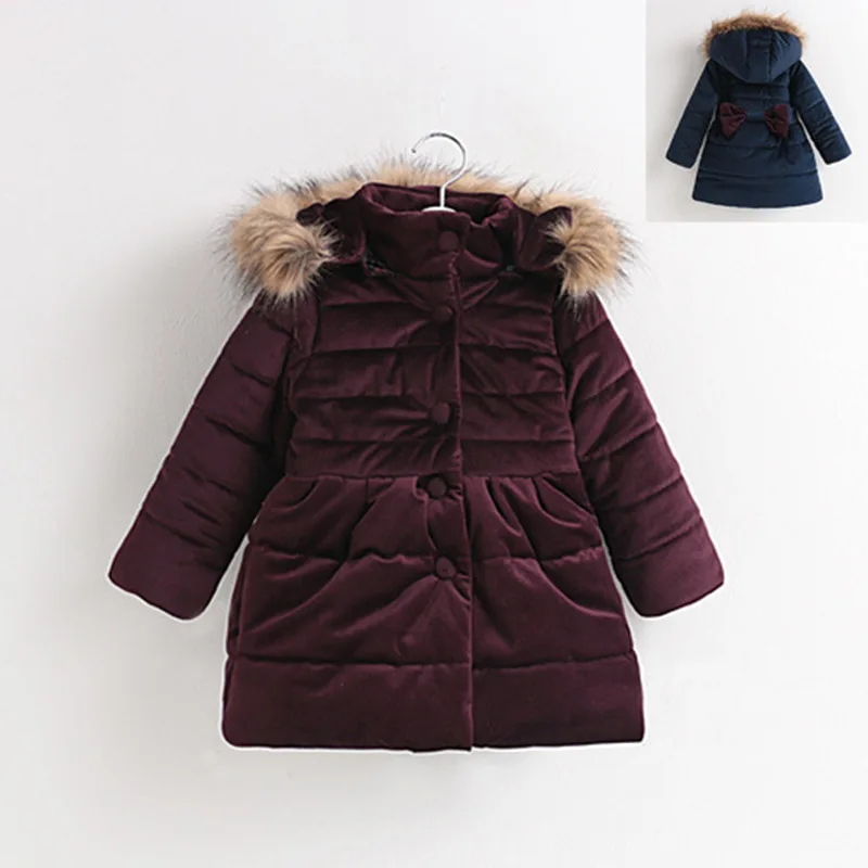 

Childrenswear 2019 Winter New Style Girls Korean-style Thick Bow Mid-length Cotton-padded Clothes Fur Collar a Generation of Fat
