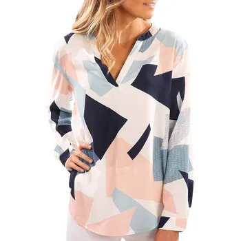 

2019 Women's Blouses Loose Elegant Long Sleeve Blouse Vintage geometric print V Neck Spliced Shirt Women Clothing Blusas