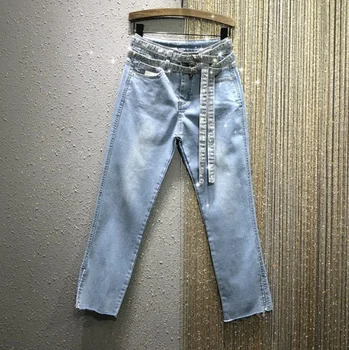 

European Style Jeans Woman 2020 Spring New Hot Drilling Waistband High-Waist Straight Slit Frayed Denim Pants Women's Jean Jeans