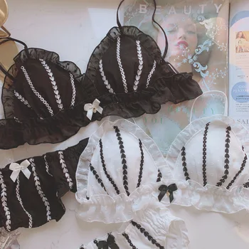 

Retro Cute Ddlg Lingerie Lace Women Kawaii Sexy Japanese Wire Free Bra and Panty Set Underwear White Black Ruffles Bra Thong New