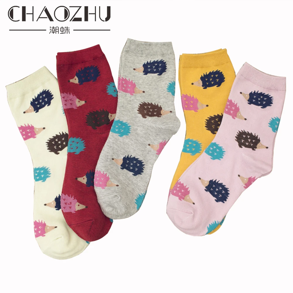 CHAOZHU Женская одежда для отдыха, 3 пары, смешанные цвета, хлопок, 200 игла, вязание, модные милые kawaii Ежик, модные женские зимние носки