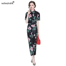

Summer Fashion Runway Suit for Women Elegant Short Sleeve Floral Print Shirt and Pants 2 Piece Matching Set Office Outfits