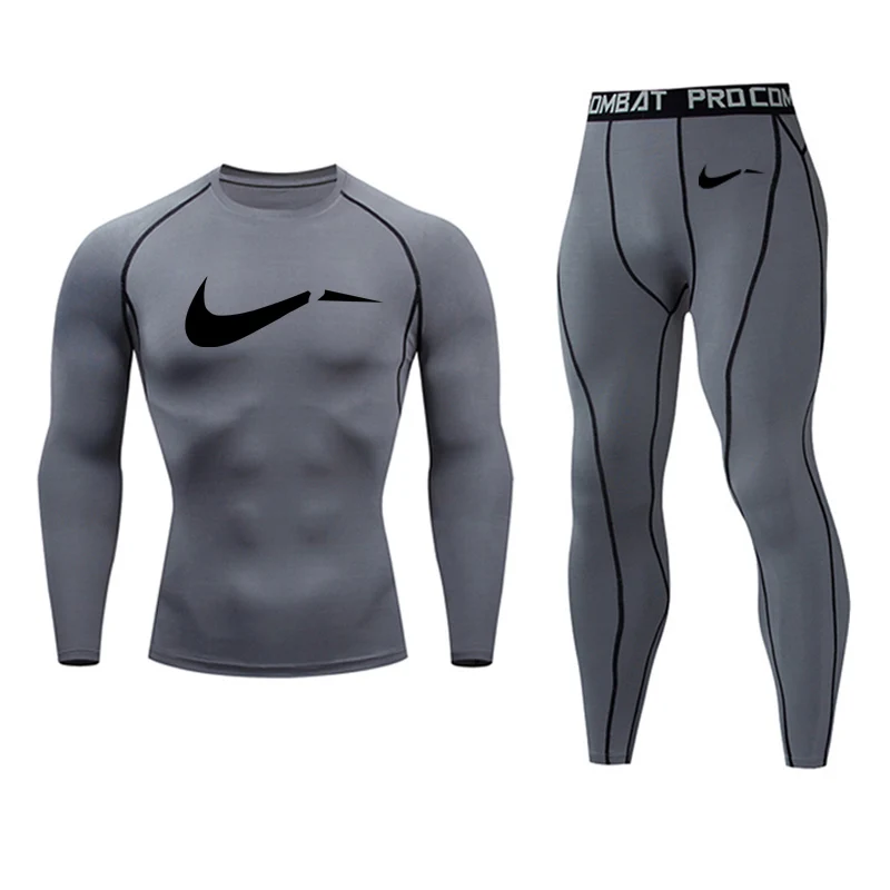 Спортивный костюм для бега для мужчин; сезон осень-зима; спортивное термобелье; базовый слой; компрессионные колготки; спортивный костюм из 2 предметов для мужчин - Цвет: gray