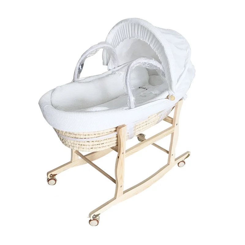 Колыбель для новорожденных из натуральной кукурузы, тканая детская люлька из вафельной ткани, переносная детская корзина из дерева, детская кроватка с колесами - Цвет: White Full set