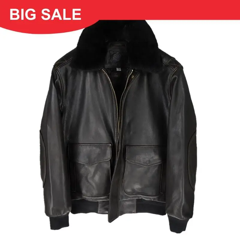

2020 Black Men USAF Pilot Leather Jacket Wool Collar Europe Size XL Genuine Sheepskin Winter Military Aviator Leather Coat