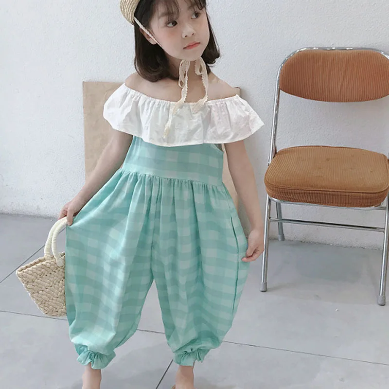 

Girls' Jumpsuit Elastic Doll Collar Plaid One-Shoulder Sleeveless Jumpsuit Trousers Fresh Summer New Children'S Wear Clothing