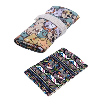 

2Pcs School Canvas Roll Pouch Pen Storage Pecncil Box 48 Holes - National Style & Cute Cat Pattern
