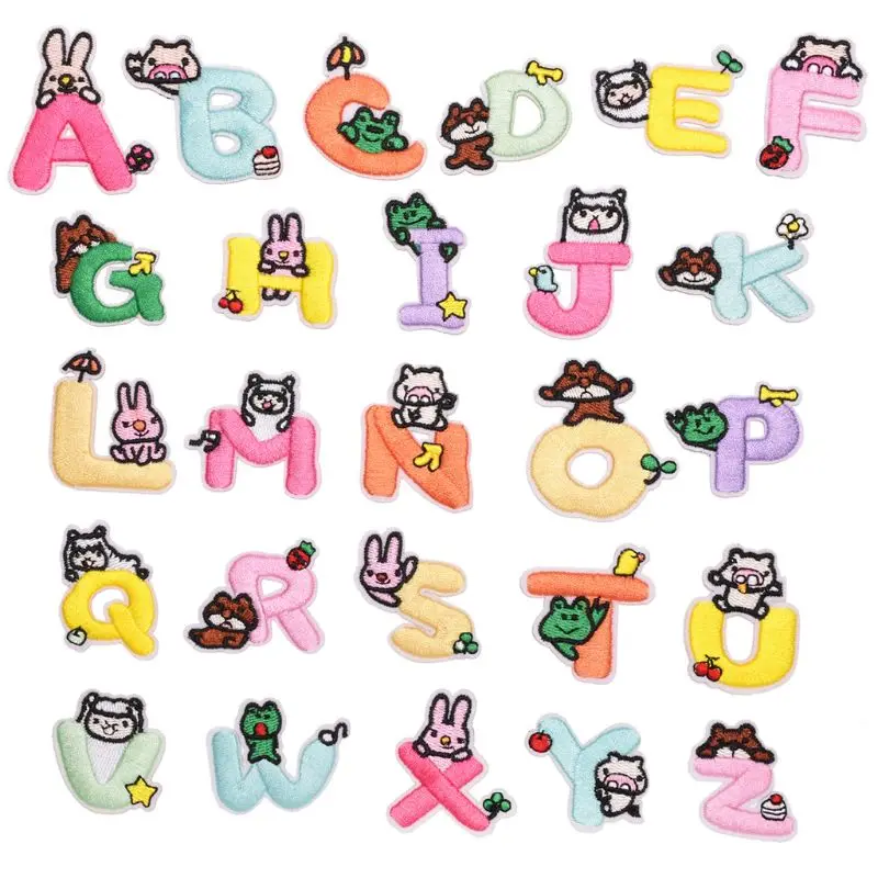 

26Pcs DIY English Letters Embroidered Patches Iron Sew on Cartoon Animal Paste Y1QB