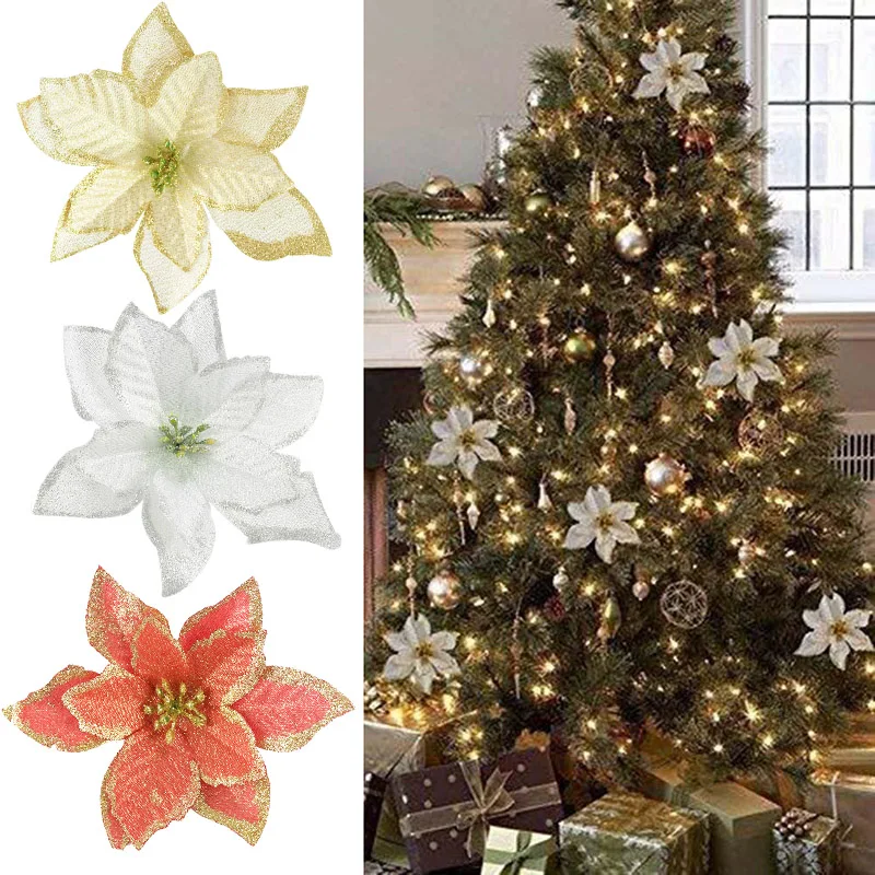 5Pcs Glitter Poinsettia Christmas Tree Decoration Flower Home Christmas Wedding Party Artificial Flowers DIY Garland Navidad