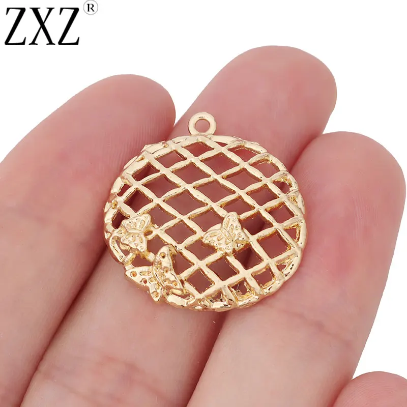 

ZXZ 10pcs Gold Tone Net and Butterfly Round Charms Pendants for DIY Earring Necklace Bracelet Jewelry Making Findings 27x25mm