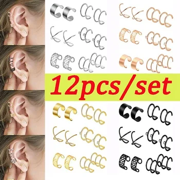 

12 Pcs/Set Earring Set Iron Alloy Double Triple Hoop Ear Cuff Clip Tragus Cartilage Non Piercing Closure Jewelry No Piercing