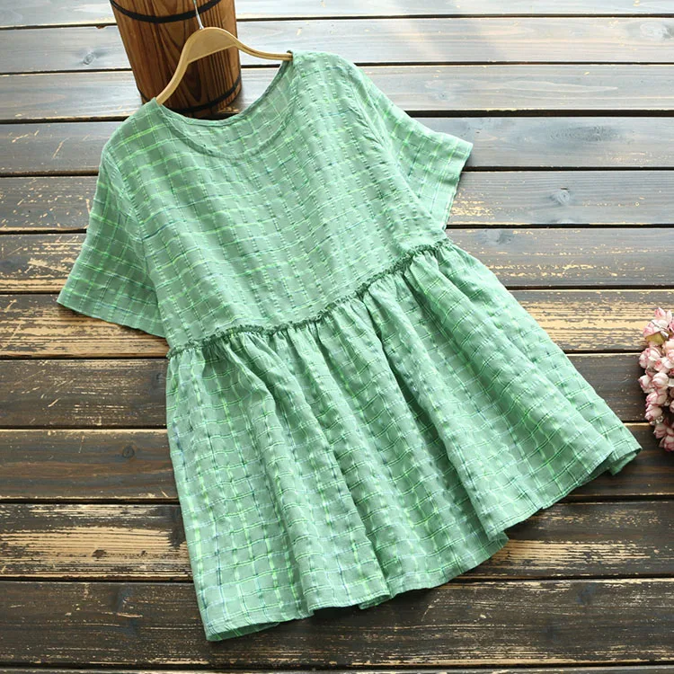 Блузка женская в клетку из хлопка и льна с круглым вырезом | Женская одежда