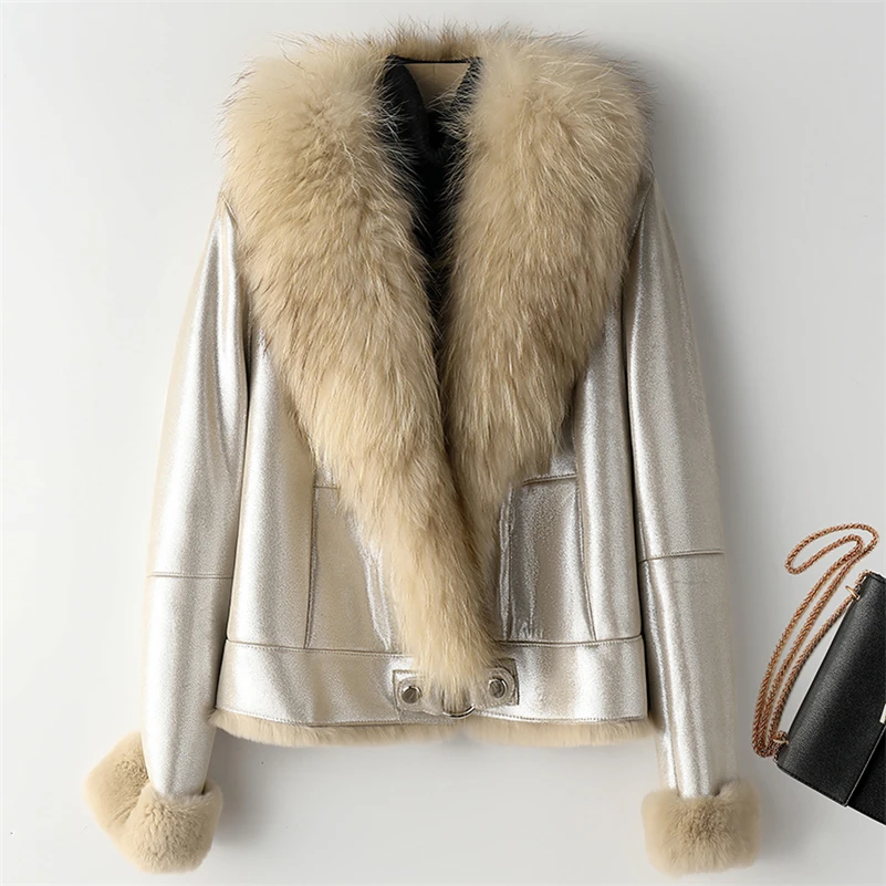 Aorice Women Real Rabbit Liner Raccoon Fur Collar Coat Jacket Parka Silver Black Color CT071