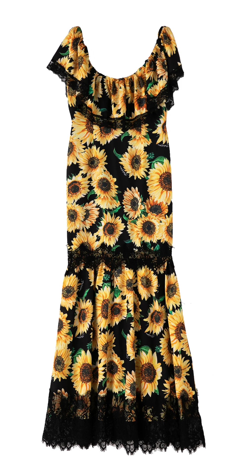 Lady Milan Women's Runway Designer Dresses Scoop Neckline Ruffles Floral Printed Lace Trim Patchwork Fashion Casual Long Dress