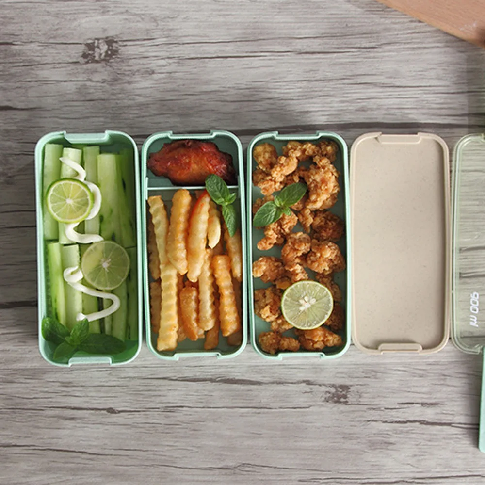 Behogar 3-Слои пшеничной соломы Bento Коробки для обедов Еда контейнер с ложкой для взрослых и детей студентов отделения для школы и пикника Отдых на природе