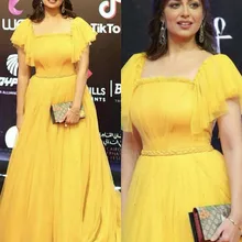 Лучшие продажи желтые квадратные шеи плиссированные Короткие рукава Длина пола Тюль Выпускные платья