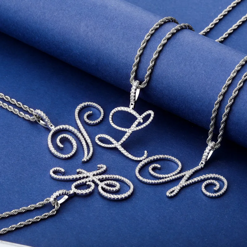 

New Crystal Zirconia A-Z Cursive 26 Letters Name Pendan Necklace Iced Out Cubic Zircon rhinestone Hip Hop Jewelry for woman