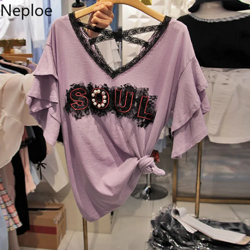 

Neploe Lace Letter Patchwork Women T Shirts Summer 2019 V-Neck Short Sleeve Tees Korean Cross Backless Cotton Ladies Tops 44039