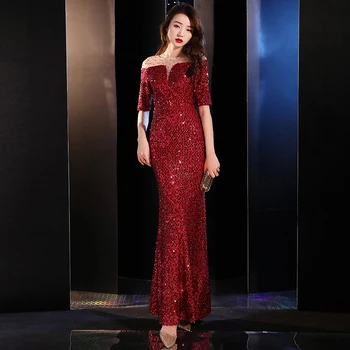 

Evening Dress Burgundy Sequins Mermaid Floor Length Formal Party Gowns Half Sleeve Robe De Soiree Zipper Women Formal Dress F187