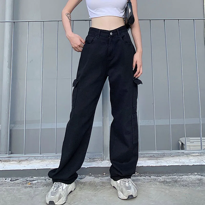 Streetwear pantaloni Cargo a vita alta donna Retro Casual tasche allentate  cerniera bianco nero blu pantaloni pantaloni da donna Pantalon|Pants \u0026  Capris| - AliExpress