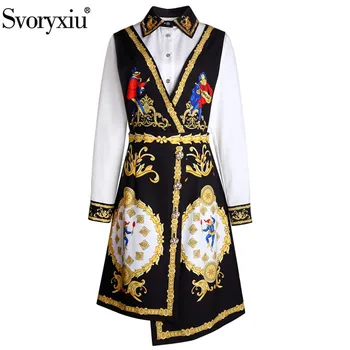 

Svoryxiu Fashion Designer Autumn Winter Two Piece Set Women's Vintage Golden Print Blouse + V Collar Tank Dress Skirt Suit