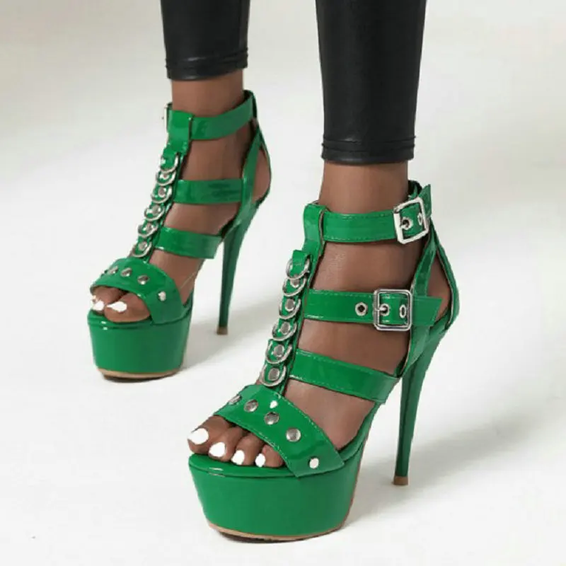 Женские босоножки на высоком каблуке и платформе с металлическим кольцом