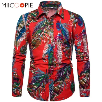 

Chinese Style Linen Shirts Men Long Sleeve Casual Camisa Social Floral Feather Printed Red Casual Slim Fit Hawaiian Shirts M-5XL
