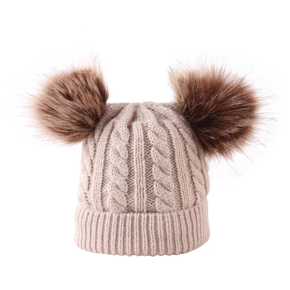 Детское зимнее, связанное из шерсти шапка шапочка детская зимняя шапка с помпоном с двумя помпонами, вязаная Милая шапочка для девочек и мальчиков, Детские шапочки - Цвет: Бежевый